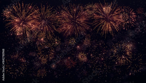 Spectacular red and gold fireworks display lighting up the dark night sky. Festive background for New Year's Eve, holidays, and parties.