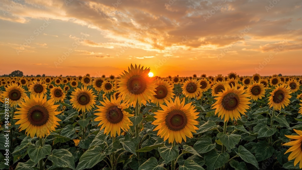 Fototapeta premium Sunflower field at sunset with sunflowers and vibrant sky. Nature and agriculture, concept. Floral beauty and landscape. The concept of sunlight and growth.