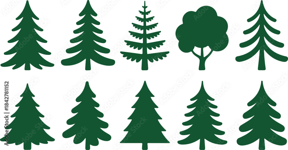 Obraz premium Green Tree Silhouettes Vector Set Collection of Evergreen Pines, Christmas Trees, and Deciduous Foliage Icons
