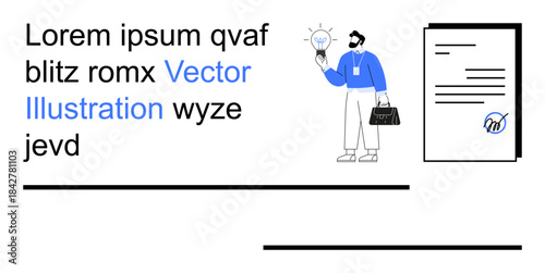 Innovation, creativity, business ideas, documentation, planning, productivity. Man holding briefcase and lightbulb next to a document. Innovation and creativity concepts for workplace