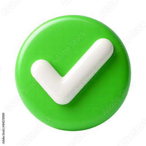 Shiny white 3D checkmark sign on a vivid green round button isolated