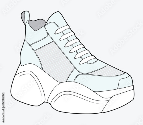 Designer sneakers vector mockup template technical technical line drawing.