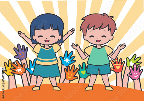 Cute Children Celebrating with Colorful Hands. Perfect for school posters, art class themes, kids activity materials, early education content, craft day graphics, classroom decor, etc