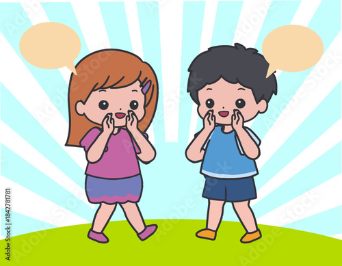 Two Children Talking and Whispering Cute Vector. Perfect for kid communication, friendship, school posters, early learning materials, storytelling visuals, classroom decor, children books, and educati