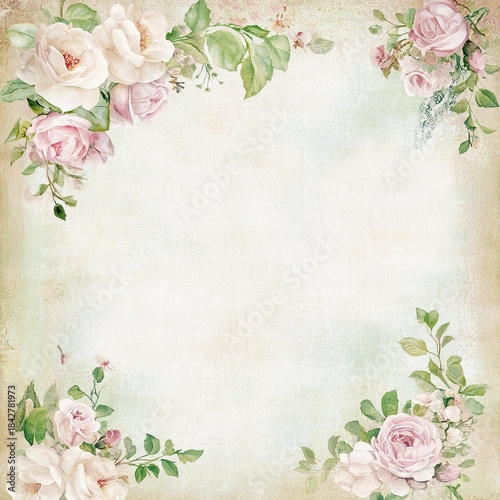 Antique-inspired shabby chic design featuring aged textures, delicate florals, classic postmarks, and muted tones, perfect for scrapbooking and romantic paper crafts.