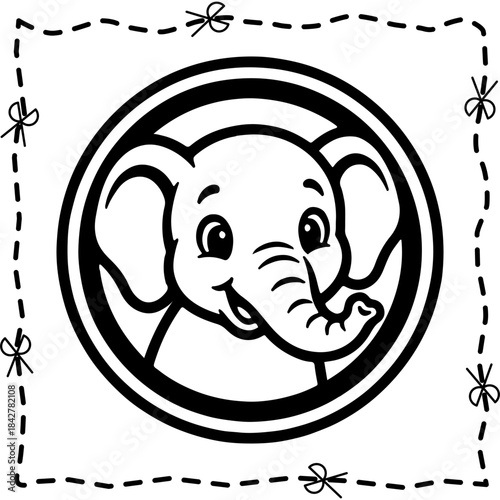 Cute Baby Elephant Head Vector Illustration Black and White Coloring Page Sticker with Scissor Cut Lines