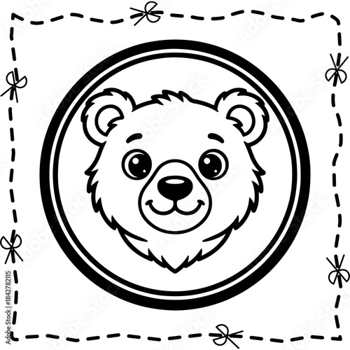 Cute Teddy Bear Face Vector Illustration Black and White Coloring Page Sticker with Scissor Cut Lines