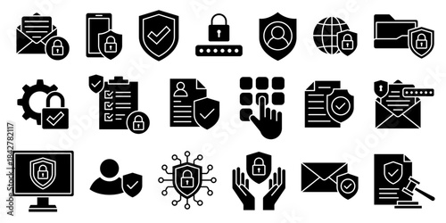Privacy policy icon set vector. Safety, security, data protection, access, encryption, gear, cyber law, compliance, user rights, authentication, secure, document, file, information, network system.