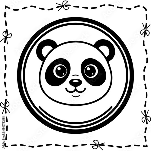 Cute Panda Bear Head Vector Illustration Black and White Coloring Page Sticker with Scissor Cut Lines