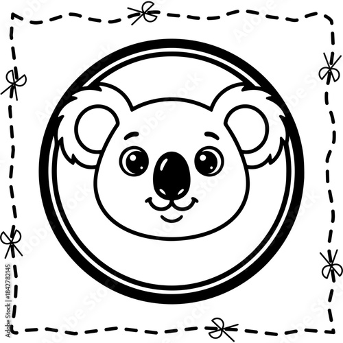 Cute Koala Bear Face Vector Illustration Black and White Coloring Page Sticker with Scissor Cut Lines