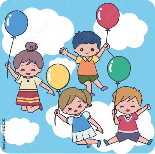 Balloon Flying Kids Happy Children Party Vector. Perfect for children books, party themes, posters, educational materials, birthday designs, kid activities, and playful creative projects.