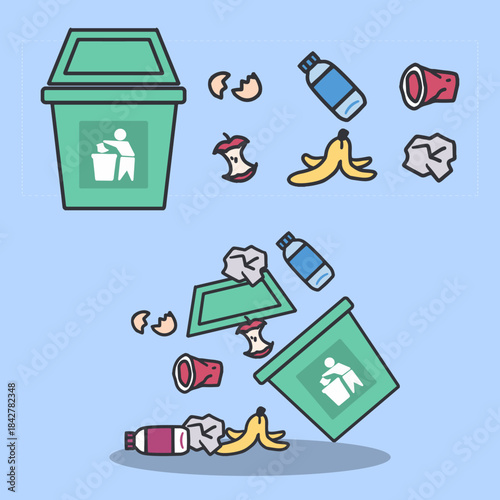 Waste Management Trash Bin with Mixed Garbage. Ideal for recycling posters, waste management projects, eco awareness materials, and environmental education