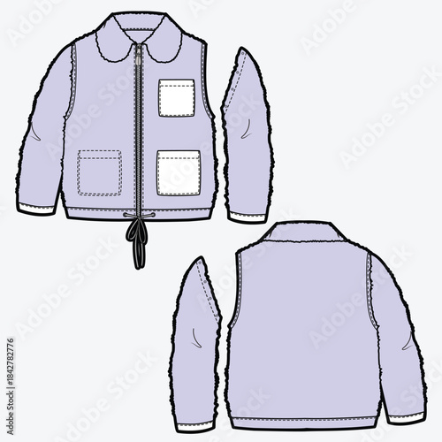 Kids fleece jacket mockup template vector design technical illustration.