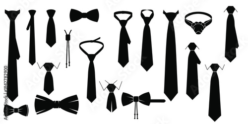 Collection of various black silhouette neckties and bowties.