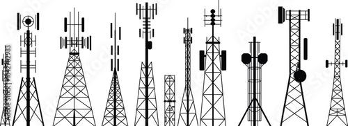 Collection of communication tower silhouettes featuring cellular, radio, and telecommunication antennas for technology design, network infrastructure, engineering graphics and illustrations.