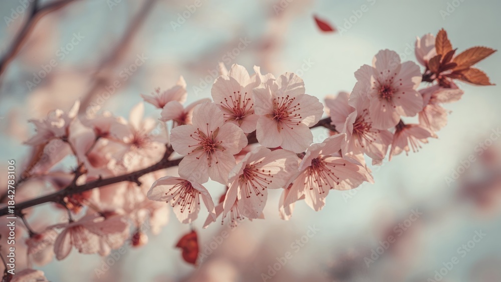 Fototapeta premium Cherry blossom branch in bloom with soft background. Spring flowers and nature. Floral and botanical theme. Seasonal and scenic beauty.