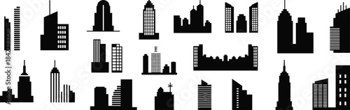 city building and skyscraper silhouettes in black vector style showcasing diverse architectural forms for urban design and planning themes