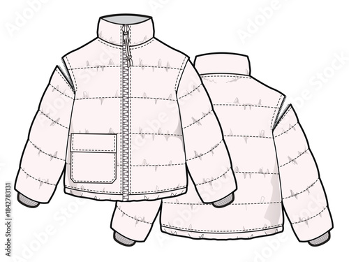 Boys puffer jacket flat sketch vector mockup template technical illustration.