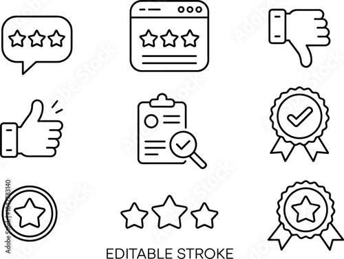 Set of editable stroke icons for reviews, ratings, feedback, and quality assessment in minimalist black-and-white vector style for UI and branding