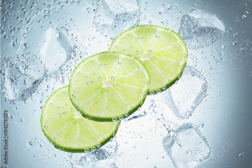 Juicy limes lime slices and ice cubes in soda water against light blue background, closeup
