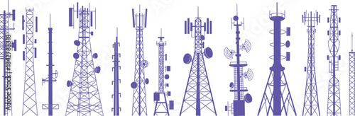 telecommunication tower silhouettes with antennas, satellite dishes, and cellular equipment for technology design, network infrastructure, engineering illustration and digital graphics.