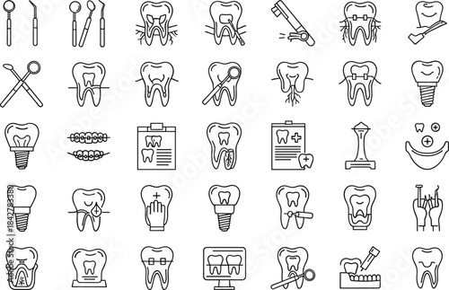 Dental care icon set, dentistry symbols collection, blue line art vector, oral hygiene signs, stomatology tools, medical equipment, teeth health, orthodontic braces, tooth implant.