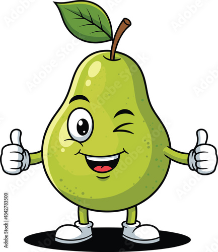Cute winking pear character illustration with thumbs up, fun healthy fruit mascot design for kids, stickers, and branding