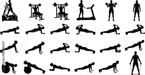 Fitness, Workout, and Gym Silhouettes: Comprehensive Vector Collection of Men and Women Exercising with Machines, Weights, Resistance Bands, and Core Planks for Health and Active Lifestyle Design.