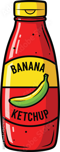 Bright banana ketchup bottle illustration with bold label design, tropical condiment packaging vector for food branding projects