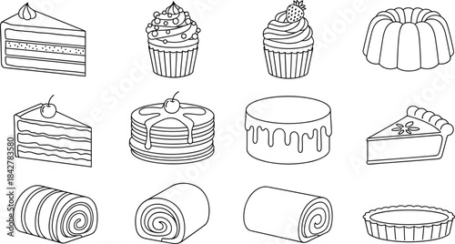 Dessert and Cake Line Art Outline Collection, Sweet Pastry Treats Vector Illustration Set, Isolated Food Graphics for Bakery, Cafe Menu, and Cookbook Design, Delicious Snack Doodle Drawing