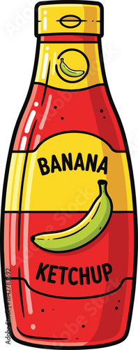 Colorful banana ketchup bottle illustration with label design, tropical condiment concept, vibrant sauce packaging vector for food projects