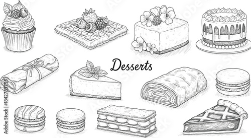 Hand drawn sketch vector set of delicious sweet desserts including cake, waffle, macaron, pie, and cupcake, vintage blue ink engraving style food illustration isolated.
