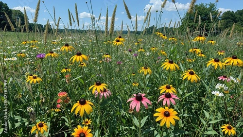 Fototapeta Naklejka Na Ścianę i Meble -  Colorful wildflowers blooming in a lush green meadow on a bright sunny day with a blue sky.