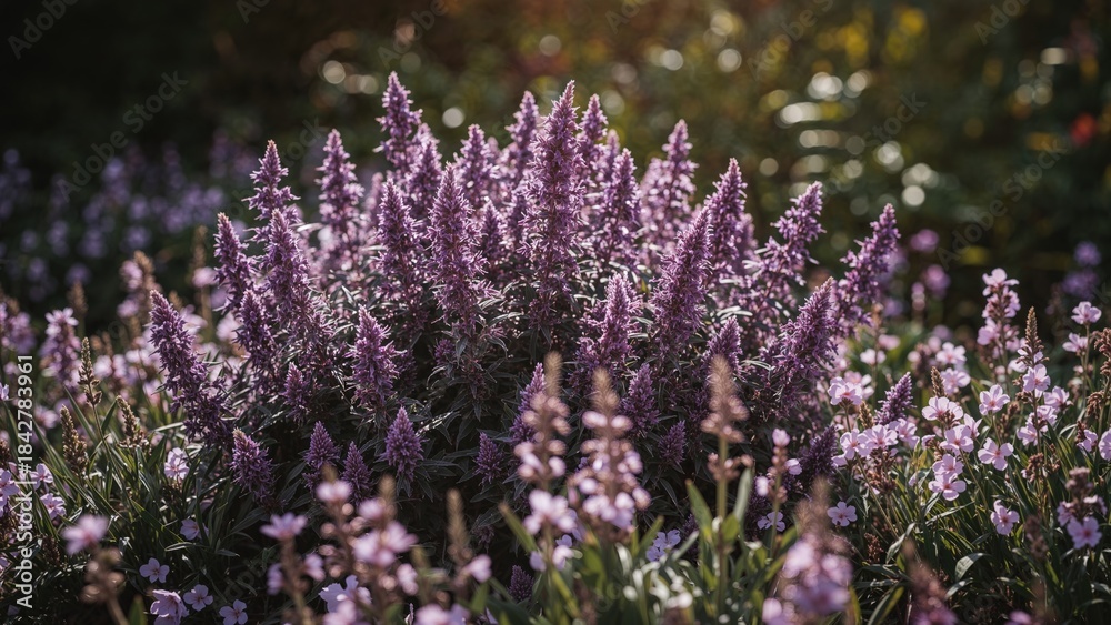 Fototapeta premium Cluster of purple lavender flowers in a garden setting. Beautiful and fragrant plants, used for decoration and essential oils. The plant of lavender.