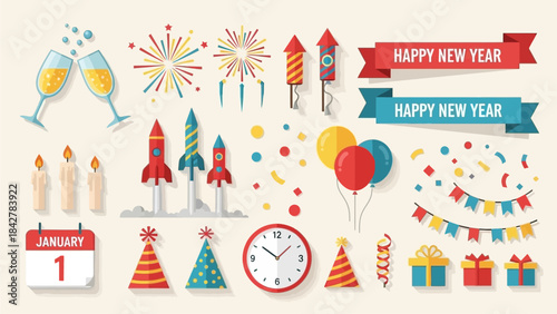 Vibrant Happy New Year Celebration Elements Collection