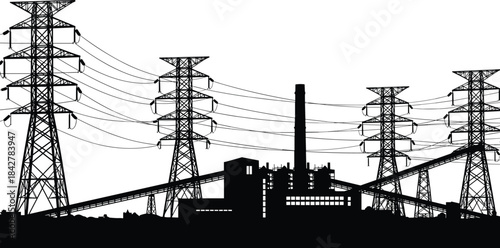 High voltage electric power substation and transmission towers silhouetted against a dramatic sunset sky, showcasing industrial energy grid infrastructure, electricity generation, and modern power 
