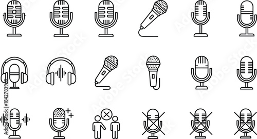 Microphone and Headphone Audio Line Icon Set, Podcast Recording Broadcast Studio Equipment, Mute Unmute Speaking Communication Symbols, Streaming Live Voice Chat Interview Icons, Editable 