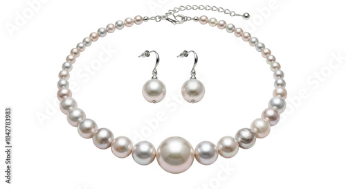 Cuadro en lienzo Pearl necklace and earrings jewelry set on black background pearl earrings white