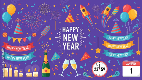 Vibrant Happy New Year Celebration Elements Collection