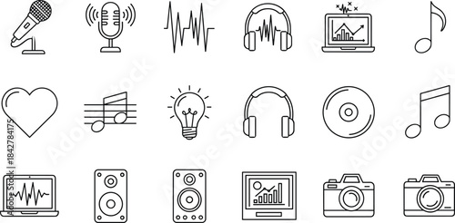 Music and Audio Icons Vector Set, Digital Sound Production, Microphone Recording, Headphones Listening, Data Analysis, Multimedia Technology, Concept Collection with Heart and Lightbulb
