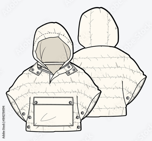 Kids quilted jacket mockup template vector design technical illustration.