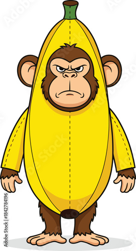 Funny angry monkey in banana costume cartoon vector illustration for kids designs, playful characters, humor art, and creative projects