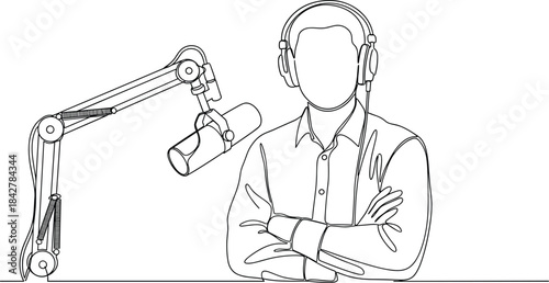 Podcast Host Line Art Concept, Radio Broadcast Personality, Man with Headphones and Microphone Arm, Live Streaming Studio Setup, Modern Digital Audio Media Production