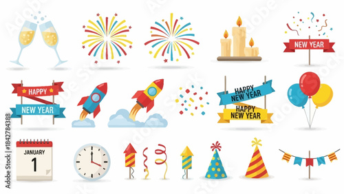 Vibrant Happy New Year Celebration Elements Collection