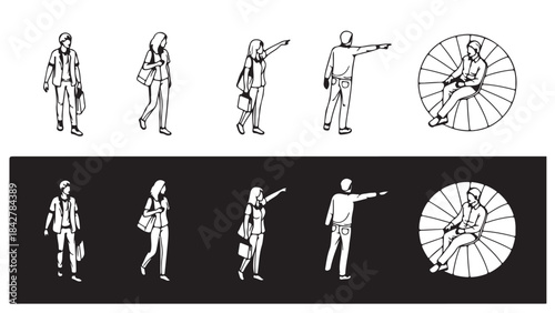 Set of Architectural People Scale Figures Vector Illustration: Various Human Poses for CAD Blocks, Elevation Drawings, and Architectural Plans (Standing, Walking, Sitting)
