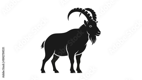 Black Silhouette of a Majestic Ibex with Large Curved Horns on White Background