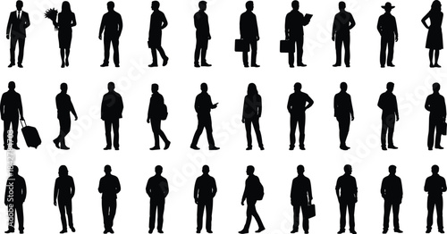 Silhouettes of diverse business professionals and casual pedestrians standing, walking, and posing, capturing various dynamic full-body figures in isolated black outlines for design projects, 