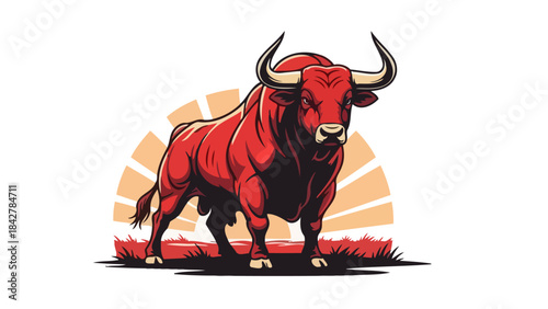 Powerful Red Bull Standing Strong with Sunlight Rays Behind, Vector Illustration
