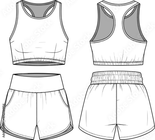Vector technical fashion flat sketch of women activewear set featuring racerback sports bra and running shorts with elastic waistband front and back view illustration.
