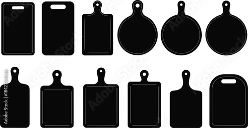 Vector Silhouette Collection of Wooden Cutting Boards and Chopping Trays for Kitchen Utensils, Cookware, Restaurant Menu, Food Preparation, Cooking, and Butcher Shop Graphic Design Icon Elements